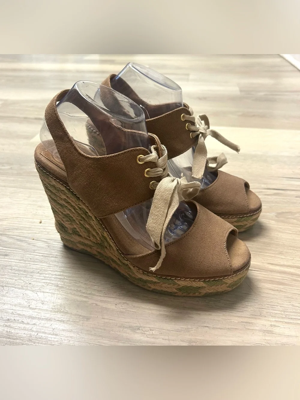 Tory Burch Wedge Sandals Womens 9M Linley Espadrille Platform Tan Olive Lace Up